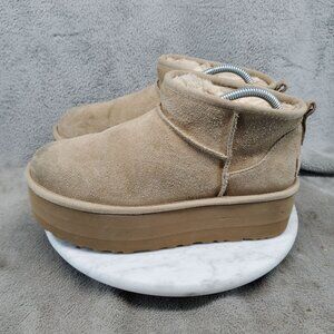 Ugg Shoes Womens Size 8 Tan Suede Ultra Mini Platform Shearling Boots *Read*